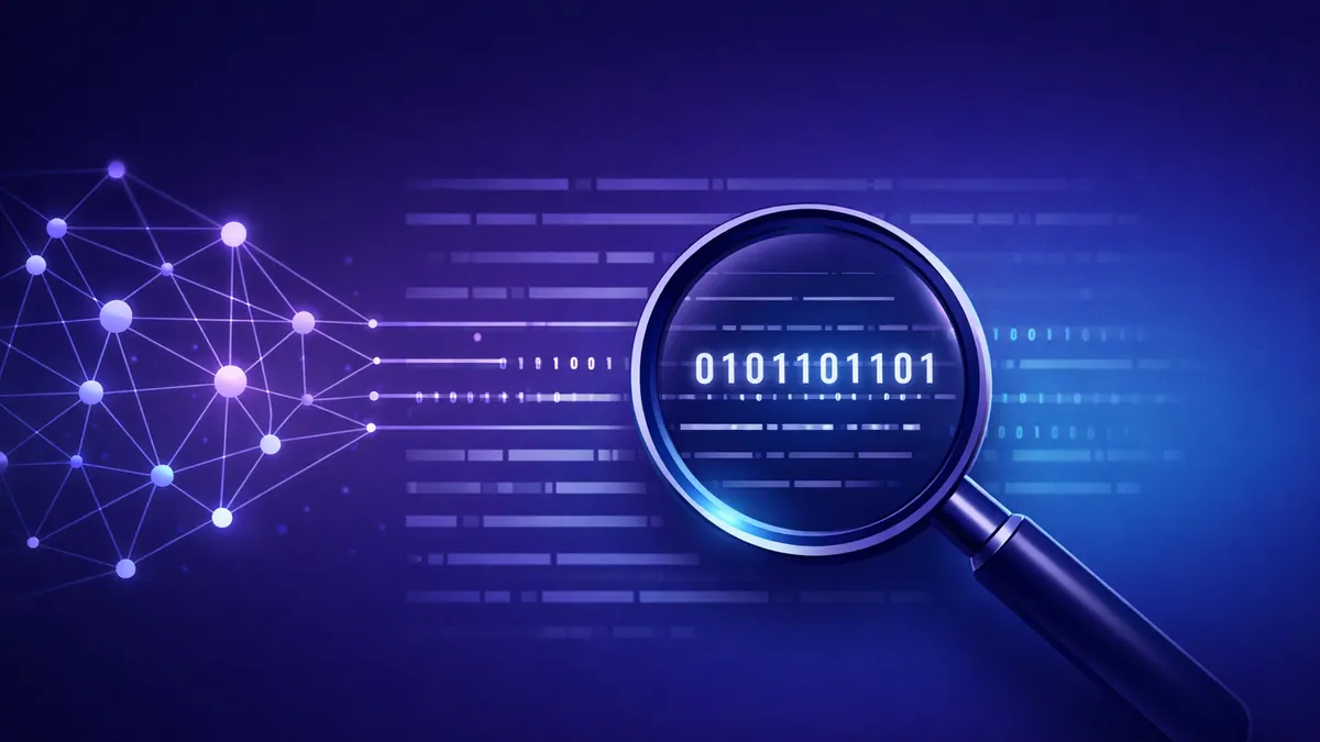 Magnifying glass examining a sequence of binary text