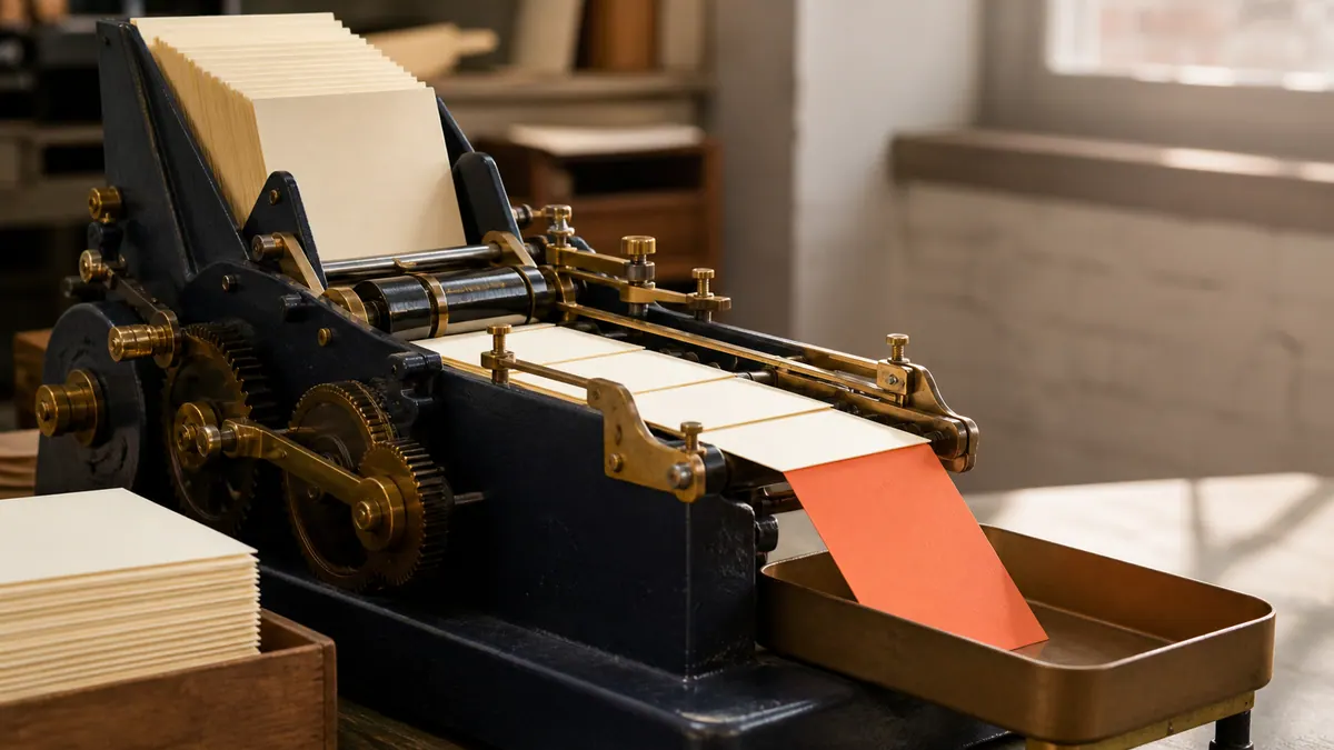 Blank cream cards pass through a navy-and-brass mechanical sorter while one coral card is diverted into a separate tray.