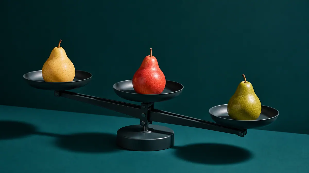 Three colorful pears rest on black metal pans of a tilted balancing apparatus against a deep teal background.