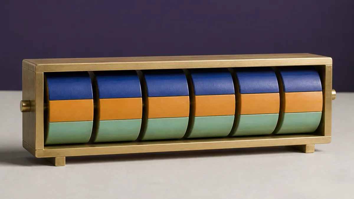 Six blank enamel counter drums align inside a brass frame, with one drum stopped a hairline between positions.