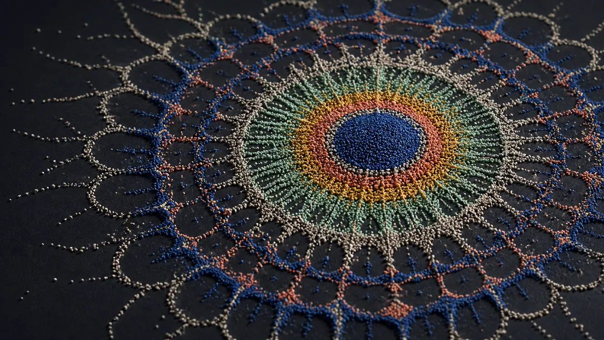 Cobalt, coral, saffron, mint, and ivory grains form concentric vibration patterns on a charcoal surface