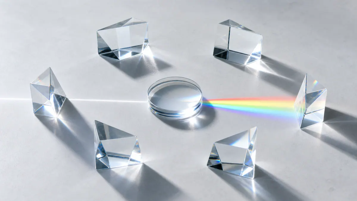 Six clear glass prisms surround a lens separating white light into a precise spectrum