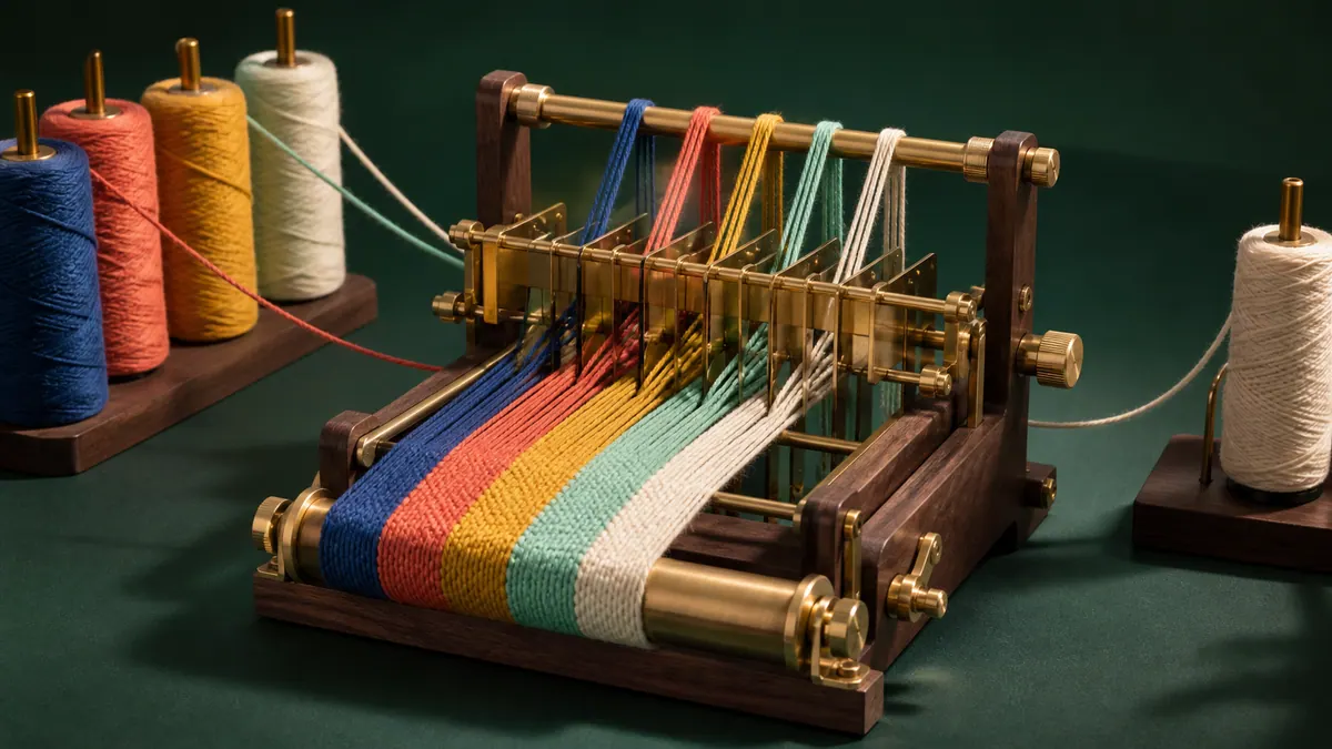 An intricate wood-and-brass threading apparatus guides cobalt, coral, saffron, mint, and ivory yarn into five parallel bands on a dark-green surface.