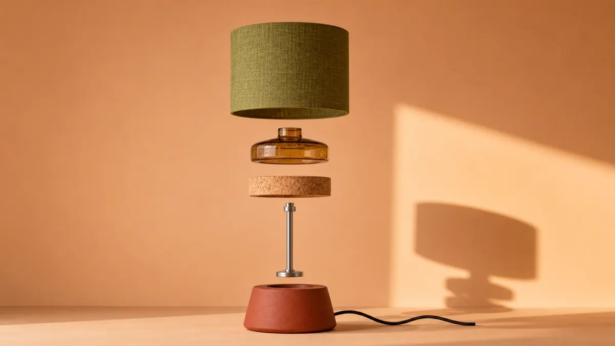 An exploded lamp with linen, glass, cork, aluminum, and clay components arranged on an apricot background.