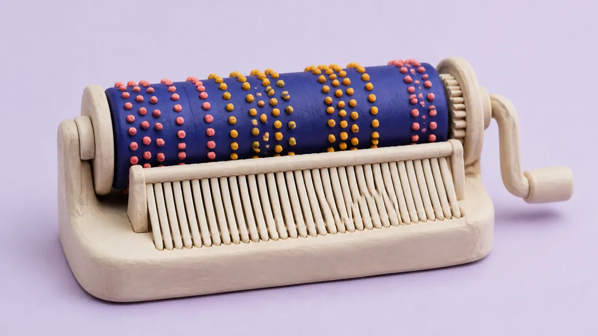 A cobalt clay music-box cylinder with coral and saffron pegs meets an ivory comb on a pale-lilac surface.