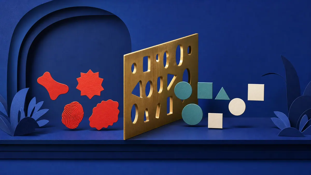 Abstract brass privacy gate separating identifying tokens from anonymous geometric shapes