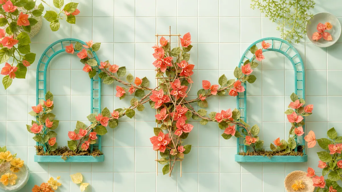 Two coral-flowered vines cross at a central trellis and spread toward separate turquoise garden arches on a sunlit mint-tile wall