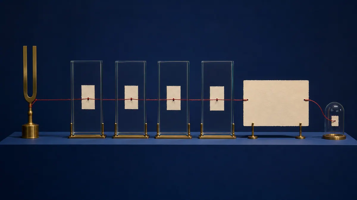 Red thread connecting source cards in glass frames to a quotation sheet and an archived record