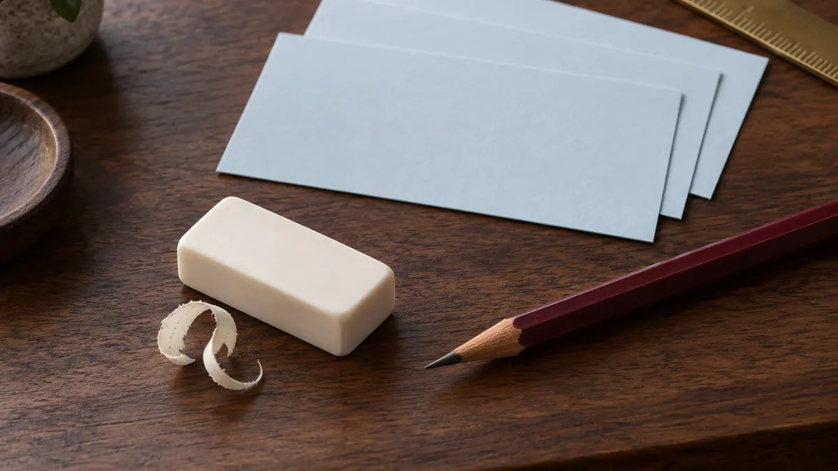 An ivory eraser and burgundy pencil rest beside three pale blue cards on a walnut desk.