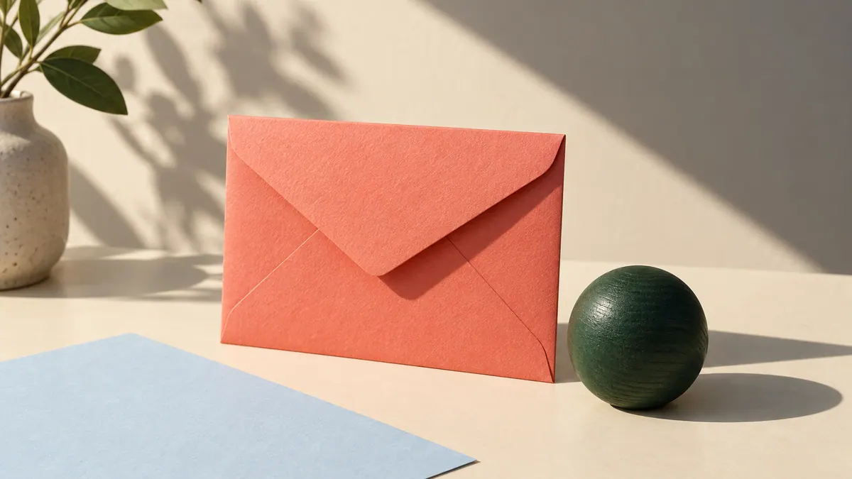 A coral envelope stands beside a dark-green wooden sphere and a pale blue sheet on an ivory desk.
