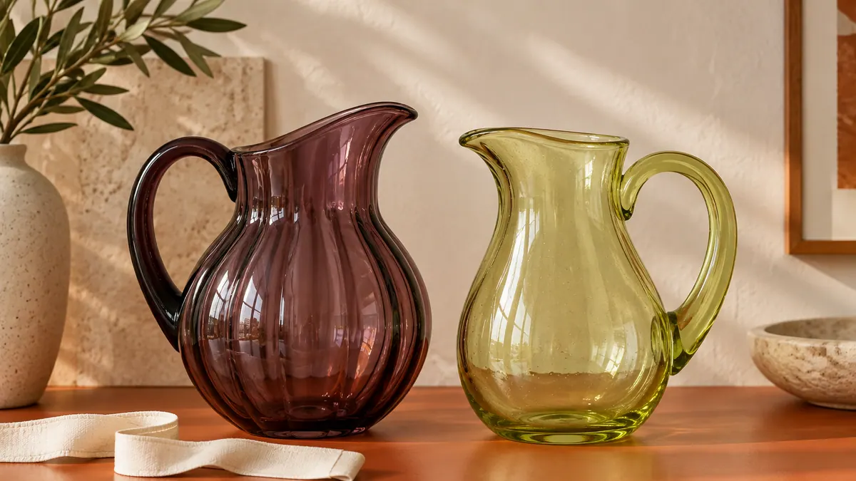 Two plum and chartreuse glass pitchers stand beside an ivory ribbon on a burnt-orange shelf.