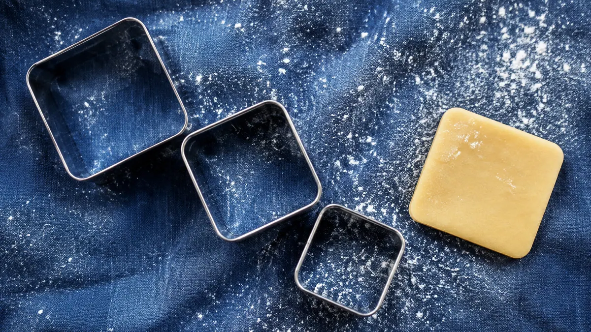 Three rounded square steel cutters and a golden square of dough rest on flour-dusted ultramarine cloth.