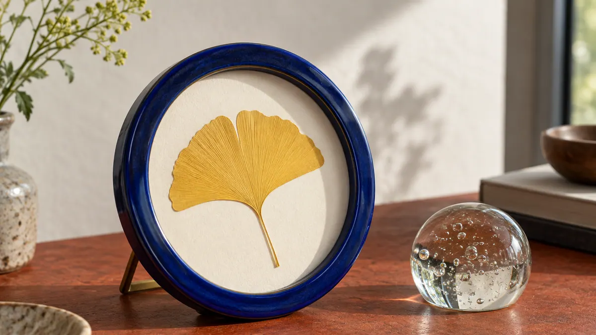 A pressed yellow ginkgo leaf in a round cobalt frame stands beside a clear glass paperweight on a rust-red tabletop.