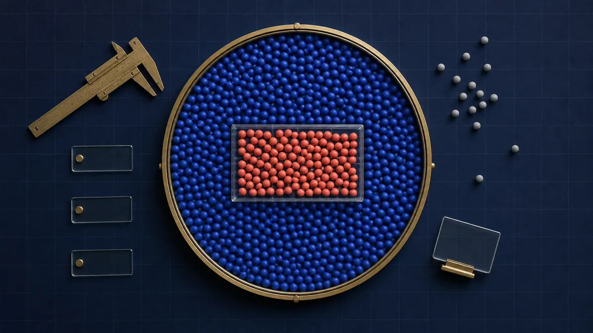Overhead counting field with cobalt beads inside a brass circle, a coral subset in a clear tray, and gray beads outside the boundary