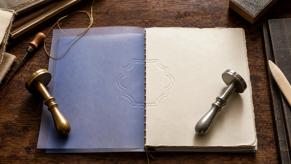 Open hand-bound folio with a translucent blue leaf, a gold center seam, and two metal embossing tools on a wooden bookbinding bench