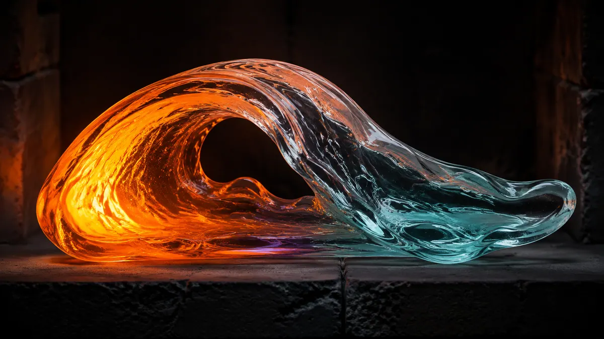 One hand-blown glass wave shifts from glowing tangerine to transparent aqua on black firebrick.