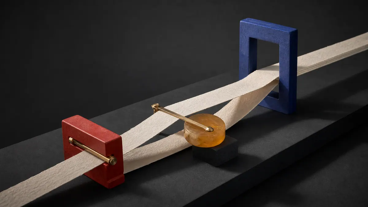 Three ivory paper ribbons pass through a vermilion clamp, amber counterweight, and open cobalt portal in a dark gallery installation