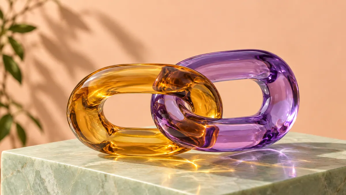 Two interlocking amber and violet glass chain links rest on a pale celadon stone plinth.