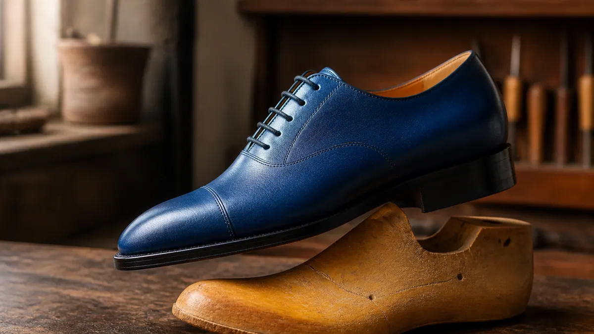 A finished cobalt leather Oxford shoe is lifted above one rough saffron wooden shoe last on a worn cobbler’s bench.