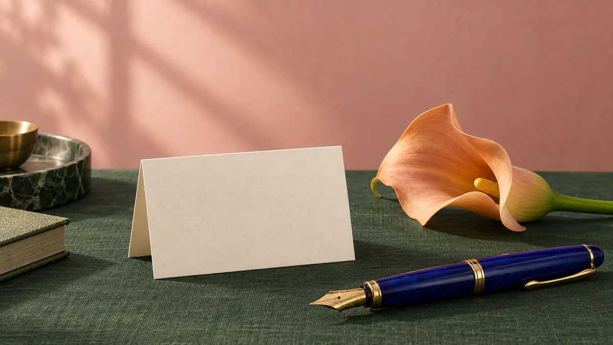 A blank ivory name card stands beside a cobalt fountain pen and an apricot calla lily on dark green linen.