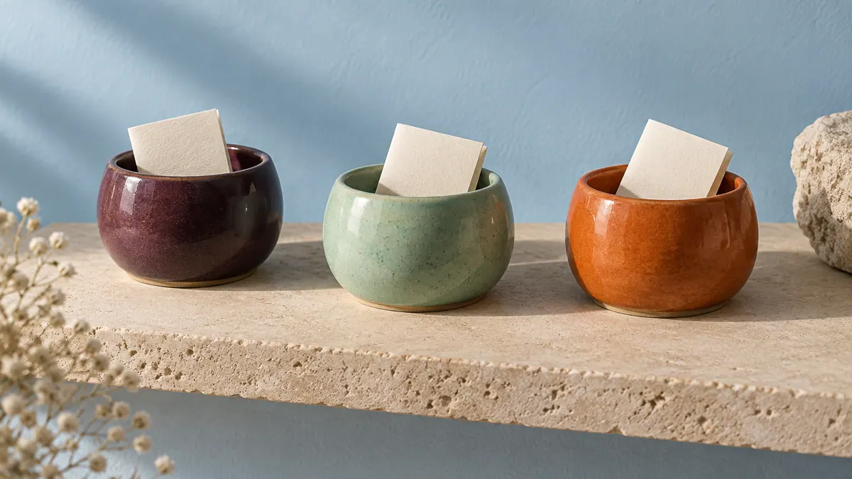Aubergine, mint, and orange ceramic vessels each hold an ivory paper slip on a stone shelf against a blue wall.