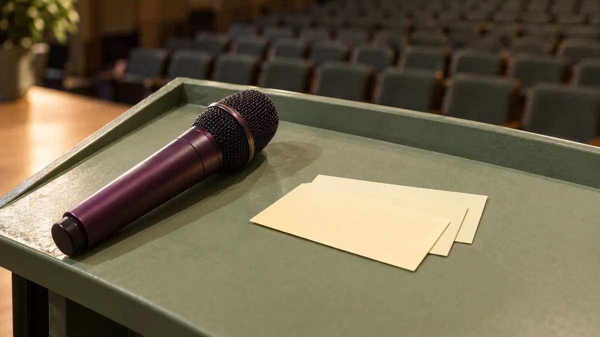 A plum microphone rests beside pale-yellow cue cards on a sage-green lectern facing an empty auditorium.