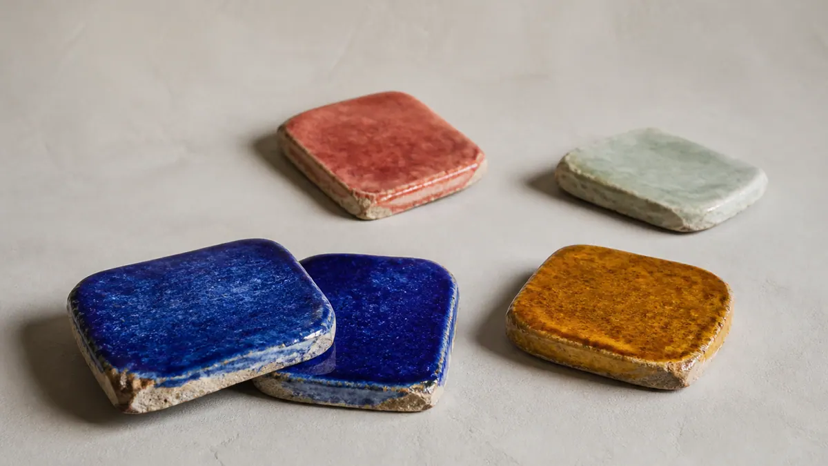 Five handmade ceramic tiles form a loose path, with two cobalt tiles overlapping and a coral tile turned apart.