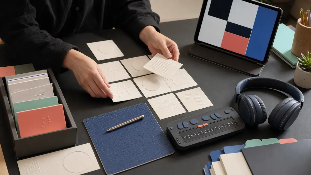 Tactile accessibility review desk with raised paper guides, high-contrast tabs, headphones, and a braille slate