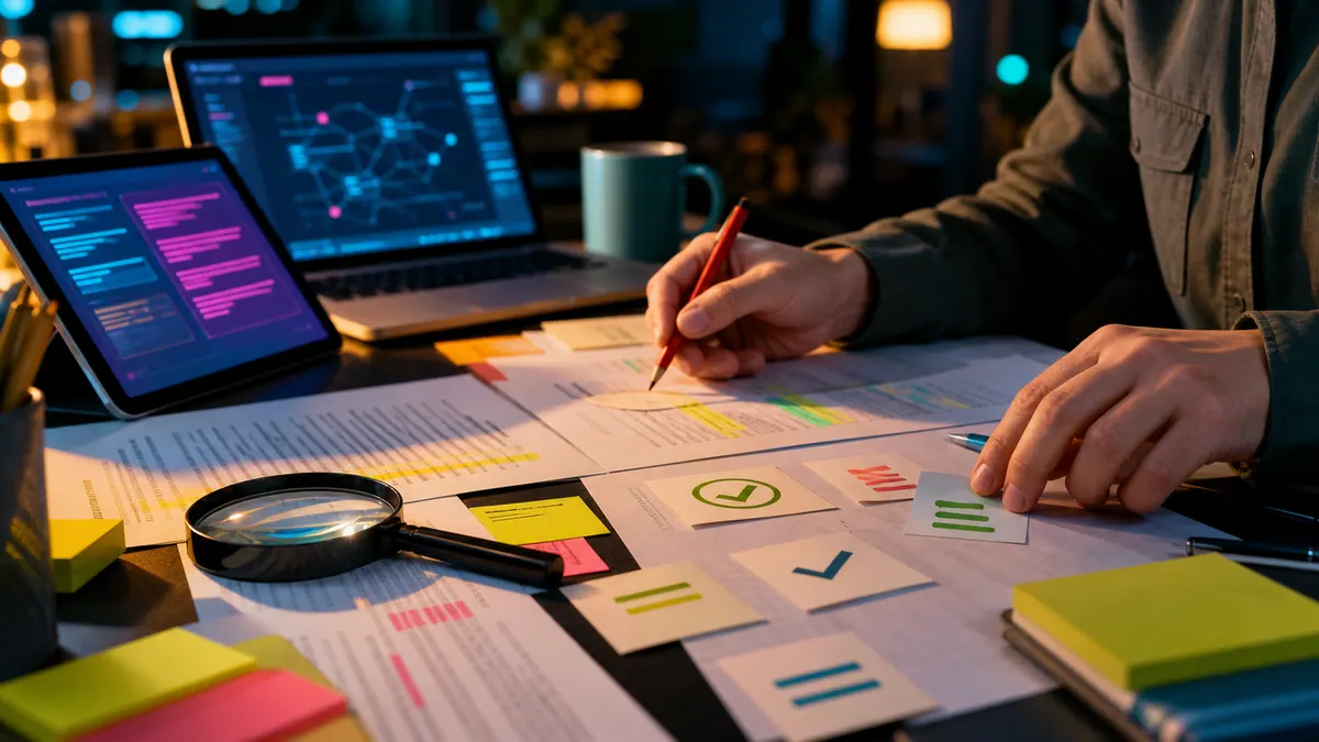 AI-assisted draft being checked against evidence cards