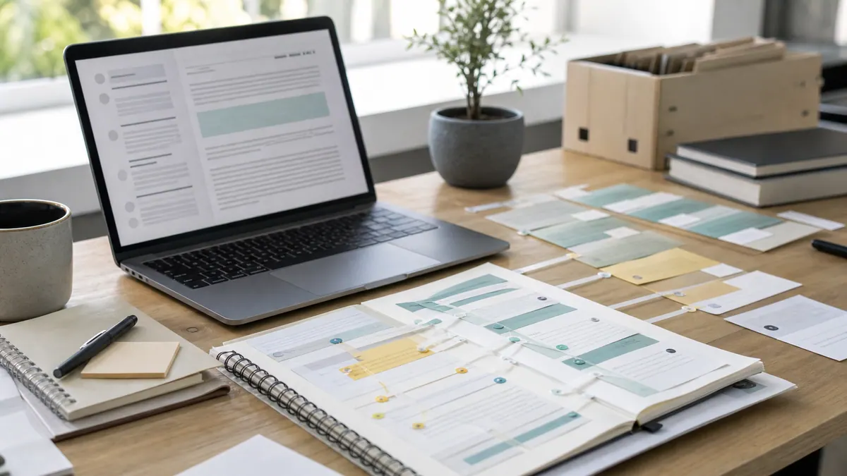 Desk with laptop, notes, and evidence cards arranged for AI-assisted writing review