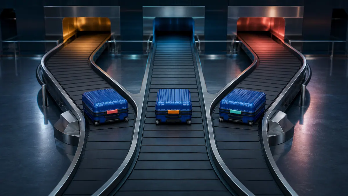 Near-identical suitcases with color-coded handles separating onto different baggage conveyors