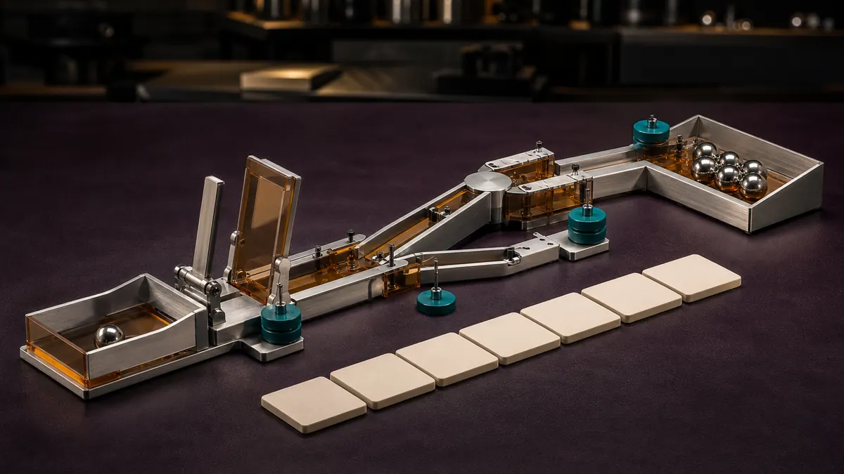 Precision steel-ball test rig with amber safety guards and blank ivory procedure tiles on a dark workbench