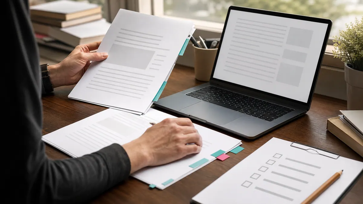 Printed drafts and checklist pages being reviewed beside a laptop