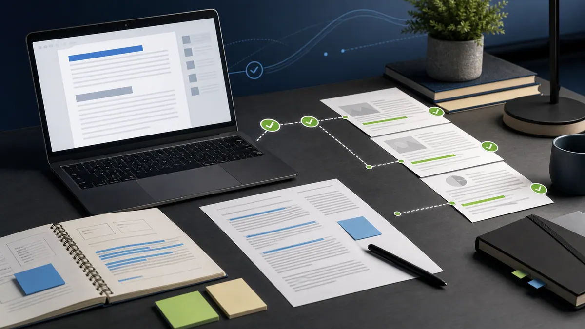 AI-assisted draft being checked against notes, source pages, and verification marks