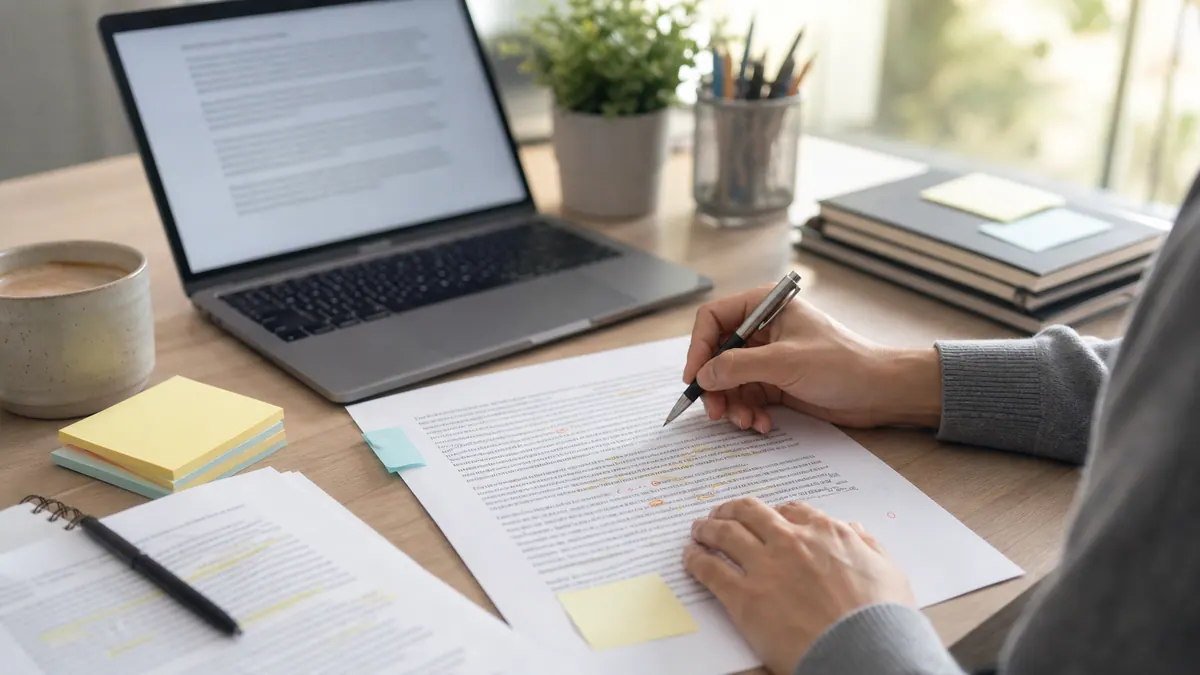 AI-assisted writing draft being revised with concrete details