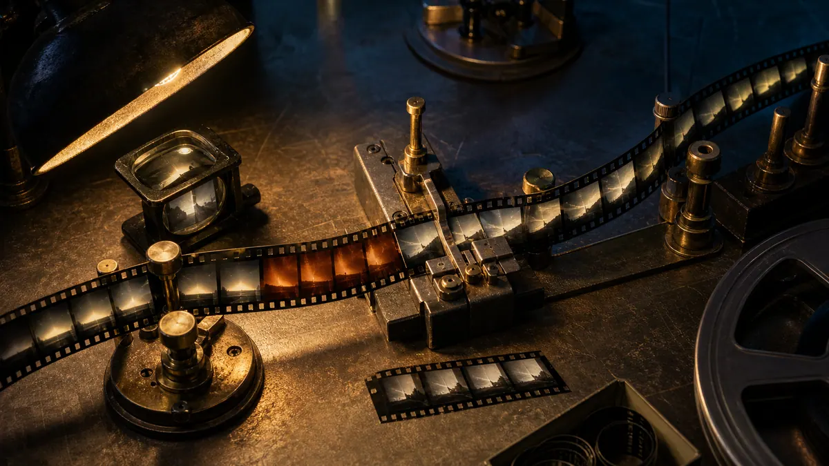 Archival film strips being aligned and spliced into a verified chronological sequence