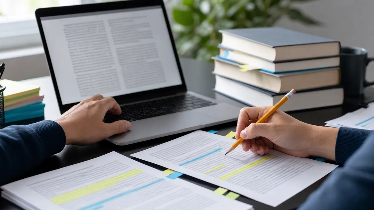 AI-assisted draft pages being checked with a pencil, highlighted passages, reference books, and a laptop
