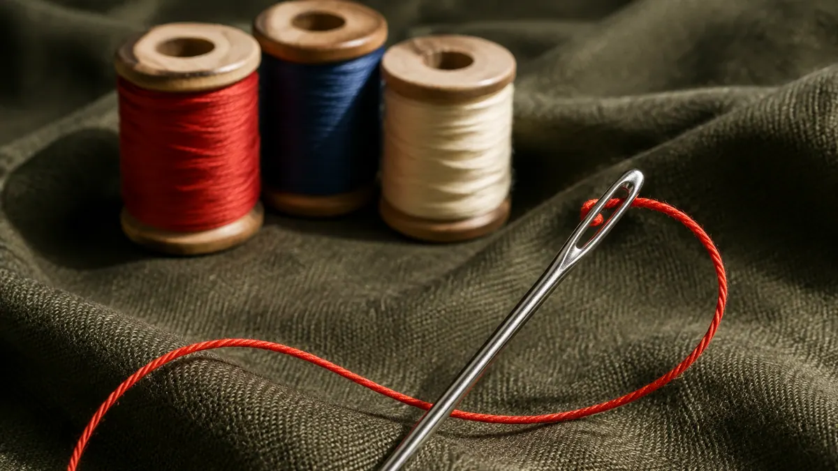 Vermilion thread passes through a silver needle beside red, blue, and cream spools on olive fabric.