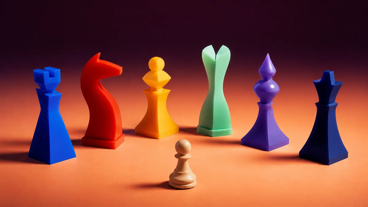 One unfinished wooden pawn faces six distinct cobalt, vermilion, saffron, mint, violet, and deep-blue acrylic chess sculptures.