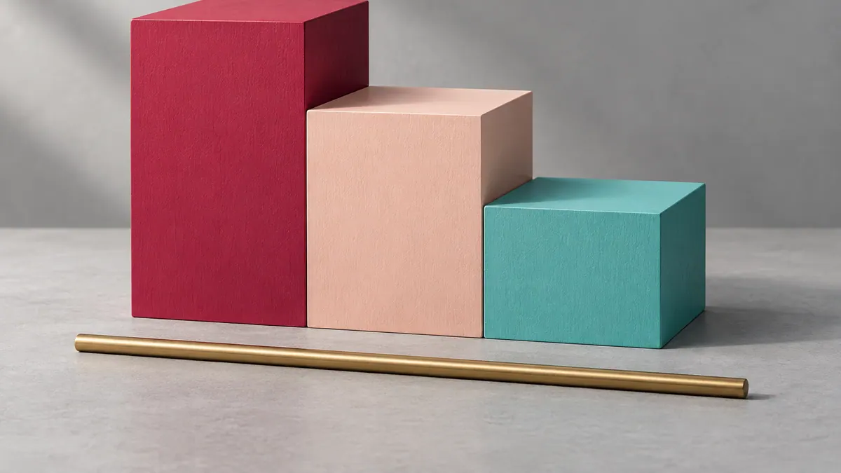 Raspberry, peach, and turquoise stair-step blocks form a descending arrangement beside a slender brass rod.