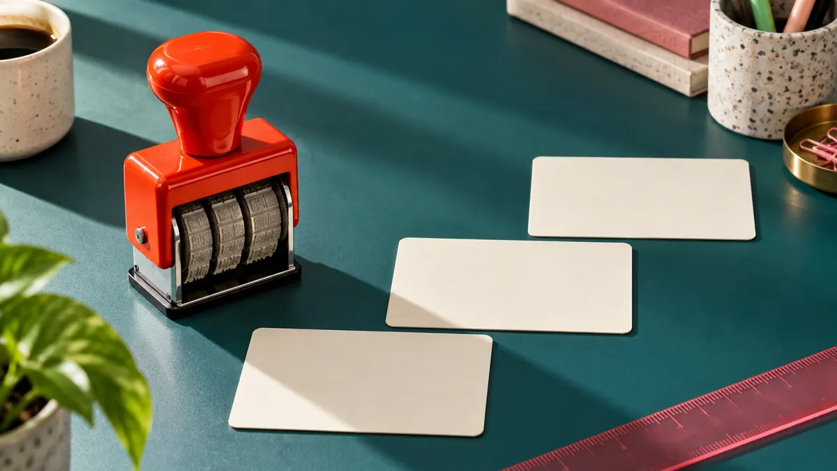 A vermilion date stamp stands beside blank cream index cards and a translucent pink ruler on a teal desk.