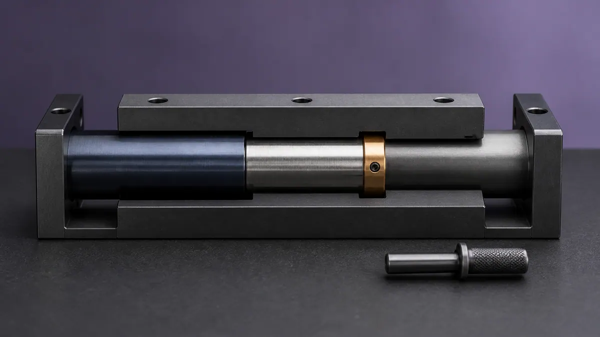 Nested steel and blue-metal sleeves align in a graphite jig with an amber stop collar and a removable pin.