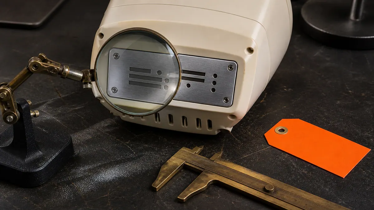 An articulated magnifier inspects an unlabeled metal plate on a cream appliance beside brass calipers and an orange tag.
