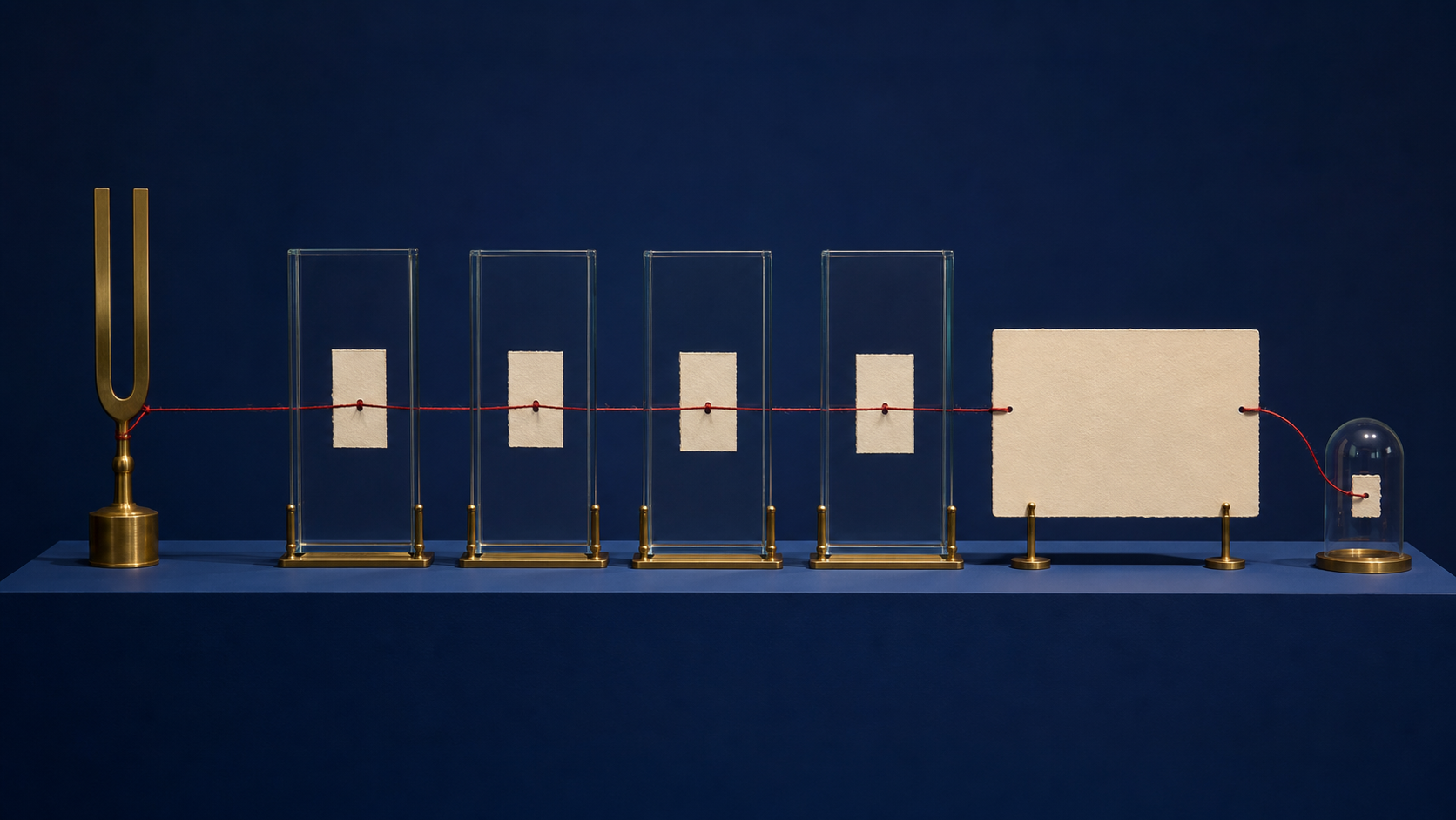 Red thread connecting source cards in glass frames to a quotation sheet and an archived record