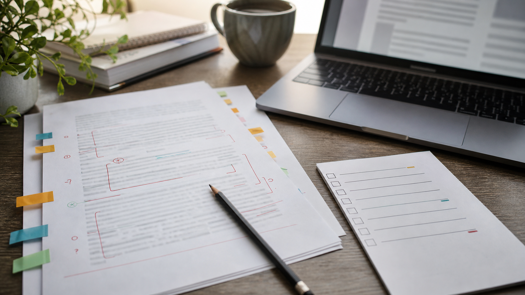 Printed draft pages with revision marks and checklist notes beside a laptop