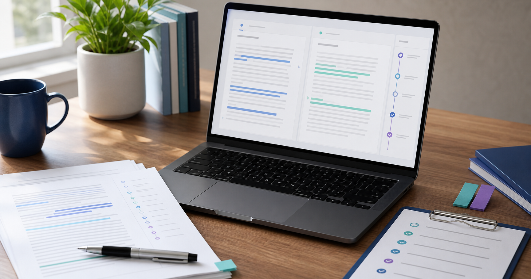 Laptop and review notes showing an abstract document change log workflow