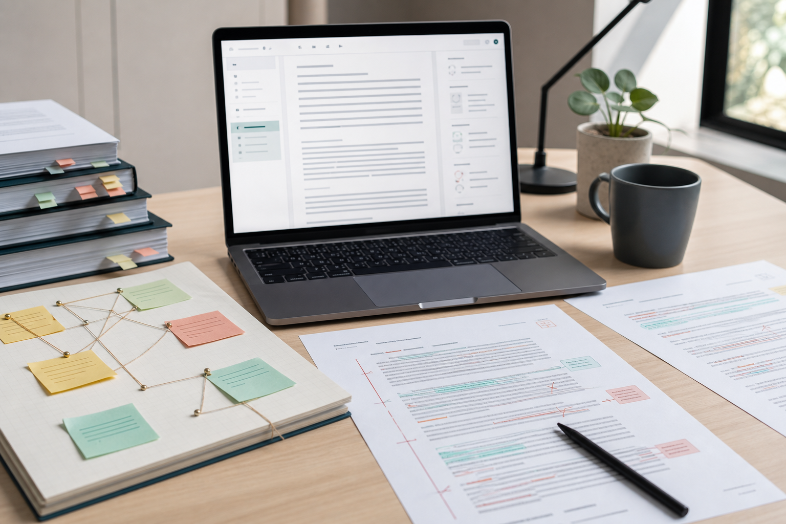 AI-assisted writing draft with marked source notes and visible editing decisions