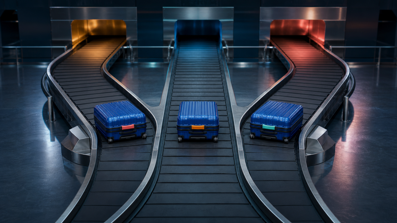 Near-identical suitcases with color-coded handles separating onto different baggage conveyors