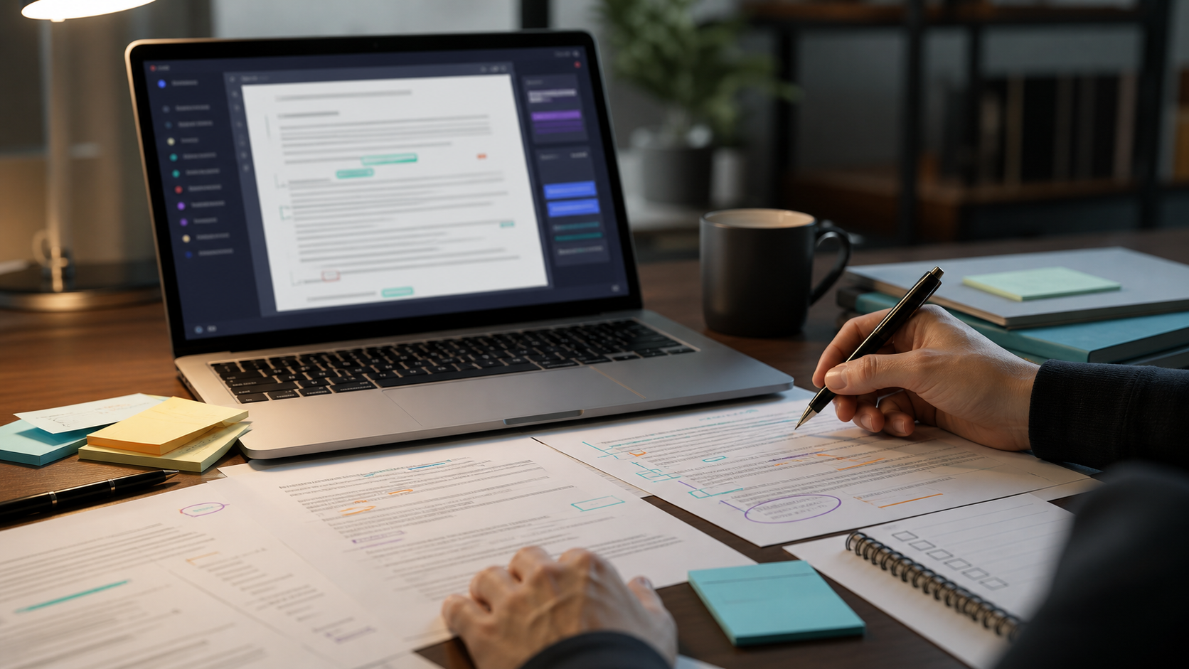 Editor reviewing an AI-assisted draft with notes, source documents, and marked decisions