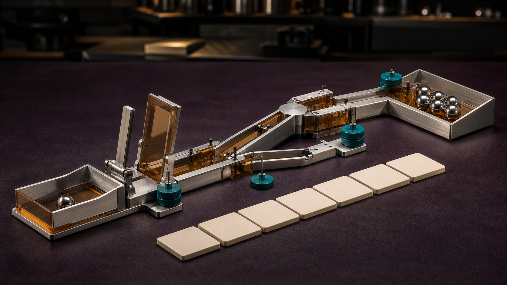 Precision steel-ball test rig with amber safety guards and blank ivory procedure tiles on a dark workbench